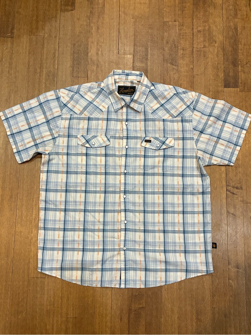 Howler Brothers Lt Blue, White & Tan Plaid Short-Slv Button-Down Shirt - LARGE